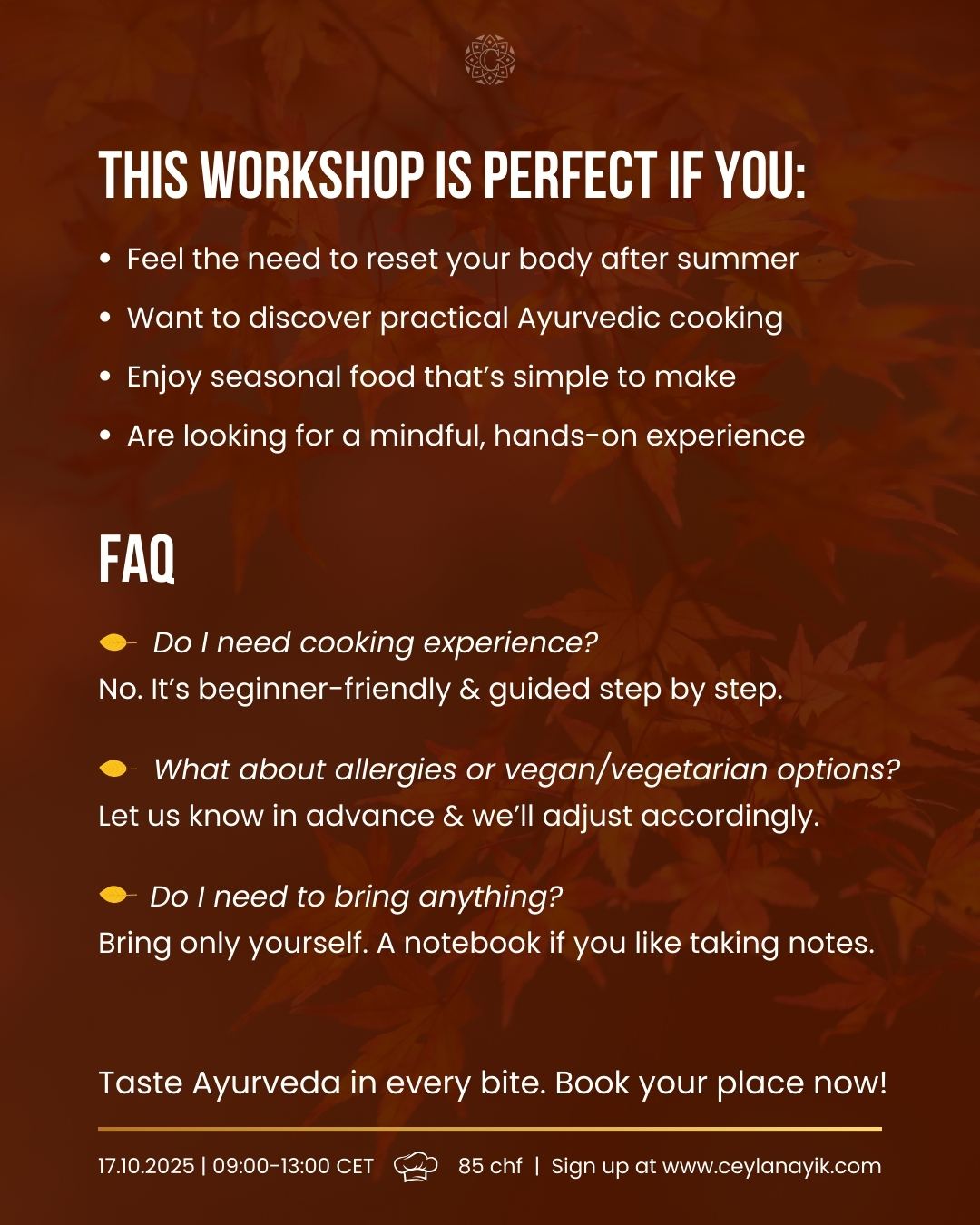 ayurvedic cooking workshop nyon